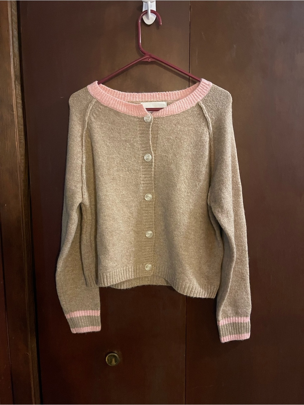 Beige Cardigan with Pink Trim - Classic Button-Front Sweater